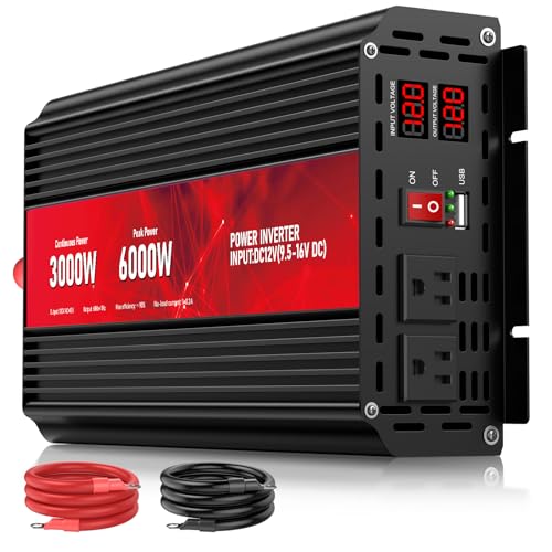 3000W Power Inverter 12V DC to 110V/120V AC, 6000W Peak Car Inverter with 2 AC Outlets, 2.4A USB Port & LCD Display, Portable Backup Power Converter for RV, Truck, Solar, Camping, Off-Grid & Emergency