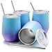 Fungun 4 Pack Stemless Wine Tumbler, 12 Oz Stainless Steel Wine Glass with Straws, Unbreakable Double Wall Cup Insulated Tumbler with Lids for Wine, Coffee, Drinks, Cocktails, Champagne(Colorful2)