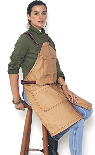 Under NY Sky Cross-Back Camel Beige Apron - Coated Twill with Leather Reinforcement, and Split-Leg - Adjustable for Men and Women - Pro Barber, Tattoo, Stylist, Barista, Bartender, Server Aprons