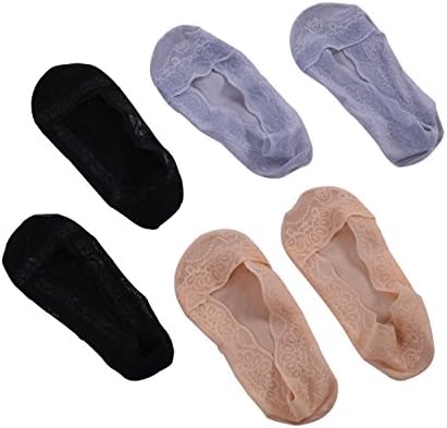 Vera Nuka 5 Pack Womens no-Show Anti-Slip Hidden No Show Linner Loafer Cotton Lace Socks (2 beige 2 black 1 grey)