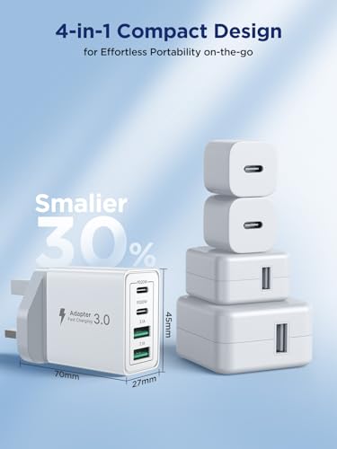 Aioneus USB C Charger PD 40W 4Port iPhone Fast Charger Adapter Multiple Type C Charging Plug USB Wall Charger for iPhone 16 15 14 13, iPad Pro/Air, Galaxy S24 S23 S22, MacBook Pro/Air, Laptop Dell HP