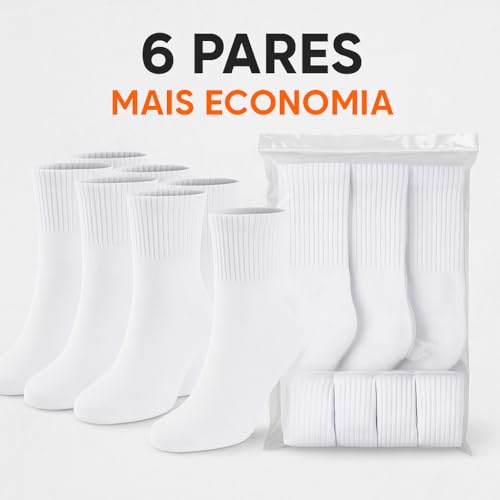 Meia Cano Médio Kit 6 Pares Meias Esportiva Branca, Punho Canelado, Adulto Unissex