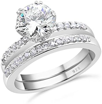 Sterling Silver Round Cut Double Band Engagement Ring Set - 6