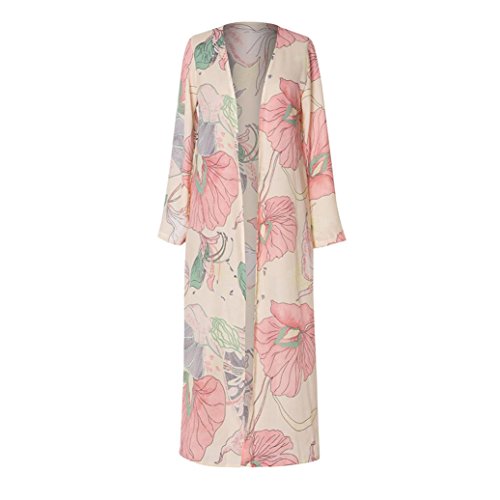 Sikye Coverup Coat Top,Ladies Womens Beach Lotus Leavf Print Long Maxi Cardigan Lightweight (Pink, M)