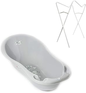 Tega Baby ® ergonomische Badewanne 86cm SET 3-teilig mit faltbarem Gestell + Stöpsel zum Wasserablassen Abfluss und Thermometer Babybadewanne 0-12 Monate, Ständer:Weiß, Motiv:Eule - grau