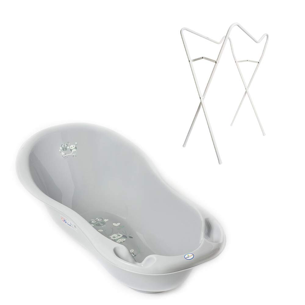Tega Baby ® ergonomische Badewanne 86cm SET 3-teilig mit faltbarem Gestell + Stöpsel zum Wasserablassen Abfluss und Thermometer Babybadewanne 0-12 Monate, Ständer:Weiß, Motiv:Eule - grau