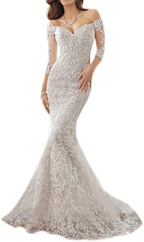 Udresses Shoulder Lace Mermaid Wedding Dresses 1/2 Sleeve Bridal Gown UWD3 Ivory 8