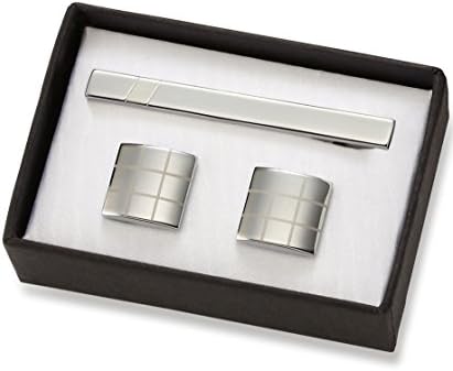 Alex Land 3 Pieces Gift Set 2-Tone Silver Grid Cuff Links and Matching Tie Clip in nice Gift Box