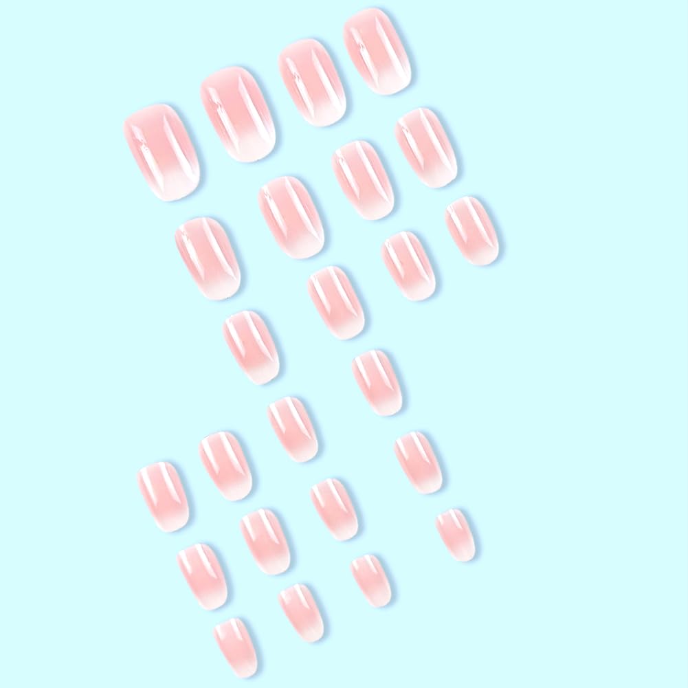 RUPOFUZA Almond Press on Nails Short Squoval Fake Nails Pink Ombre White False Nails with Glossy Press ons Designs Acrylic Nails Press on Artificial Nails Stick on Nails for Women 24Pcs - Image 3
