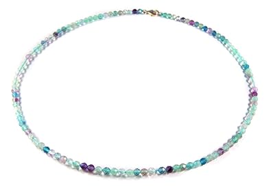 Damen Edelsteinkette Halskette aus Fluorit in facettierter Kugelform Ø-4 mm 925er Silber Verschluss