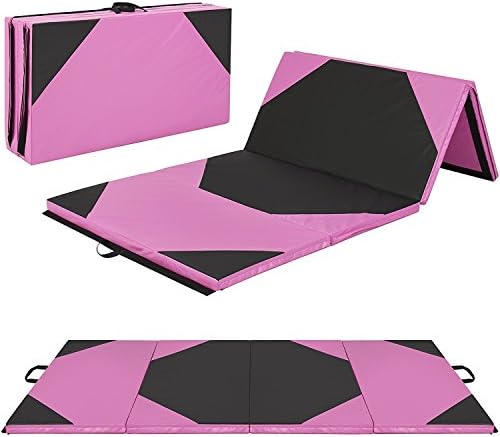 GooMat 4'x8'x2" Gymnastics Gym Folding Exercise Aerobics Mats Stretching Yoga Mat, Black&amp;Pink