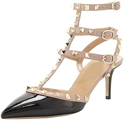 MINIVOG Women's Rivets Buckle Studded T-Strap Pointed-Toe Dress Sandals