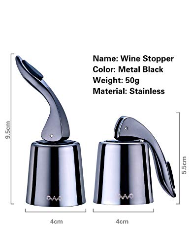 OWO Wine Stopper with Stainless Steel, Wine Preserver, Rose Gold Decorative Wine Saver Vacuum Plug with Silicone, Expanding Beverage Bottle Stopper, Reusable Wine Cork Keeps Wine Fresh (Metal Black)