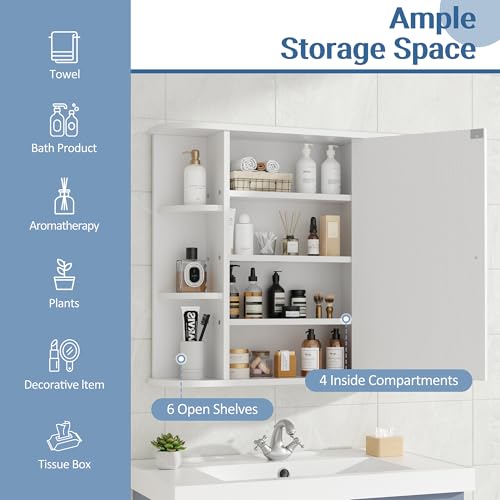 Shintenchi Bathroom Wall Cabinet with Mirror, Mounted Medicine Cabinets with 4 Internal and 6 Open Shelves, Mirrored Door Over the Toilet Storage, White