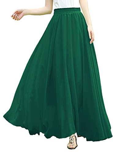 V28Women Full/Ankle Length Elastic Pleated Retro Maxi Chiffon Long Skirt (L, Jungle Green)