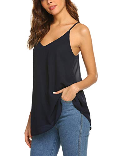 SUNAELIA Women Sleeveless Strap Tank Top Camisole Chiffon Summer V Neck Casual Solid Loose Blouse Shirts Navy Blue