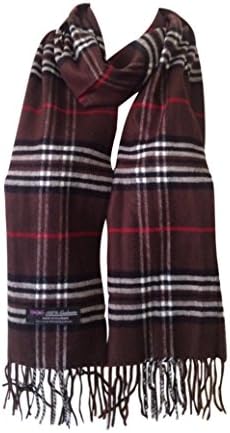 100% Cashmere Plaid Scarf, Super Soft Brown,12in x 72in