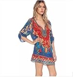 Women Bohemian Dress Ethnic Style Vintage Printed Summer Shift Casual Dress Beach Cover up