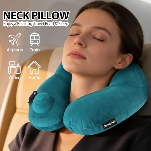 denoukin Inflatable Neck Pillow for Travel with Built-in Pump, Ergonomic Contour Support, Soft Plush Cover & Carry Pouch, Compact for Airplane, Car, Train Sleeping, Lake Blue