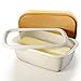 Butter Dish with Lid (White) | Covered Enamel Keeper with Beech Wood Top & Plastic Lid for Airtight Storage of Cheese | Tray Holds Half Pound of Stick Butter | Durable Food Storage Container (White)