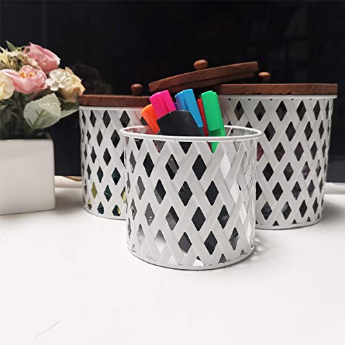 HuiDao Metal Storage Cans with Wood Lids, Hollowed Out Design Round Canister, Decorative Storage Jars Containers for Home Living Room Bedroom Office Desks Shelves, White, Set of 3 - Thumbnail 5