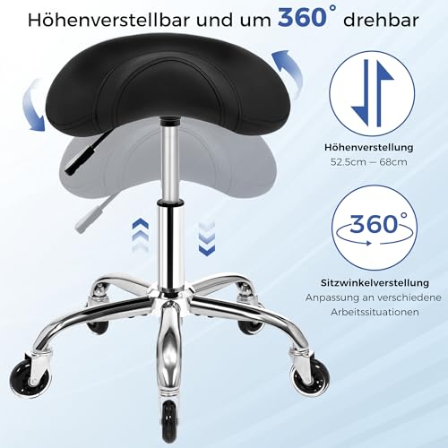 ANWBROAD WSS001B Saddle Stool with Wheels 360° Swivel Stool Silent Wheels Height Adjustable Roll Stool up to 205 kg Ergonomic Thick Leather Wide Seat for Beauty Salons, Salons, Spa and Clinics Black