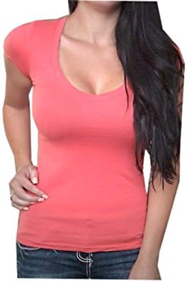 Sexy Women's Coral V-Neck Low-Cut Basic Short Sleeve T-Shirt Top