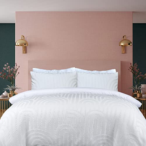 Sleepdown Geometric Textured Tufted Arch White Duvet Cover Quilt Pillow Cases Bedding Set Soft Easy Care - Double (200cm x 200cm), 5.05624E+12