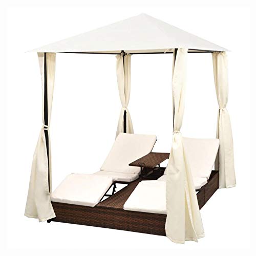 Sunlounger, Double Sun Lounger with Curtains Poly Rattan Brown