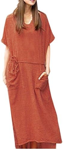 Women Loose Cotton Linen Short Sleeve Waistband Long Maxi Dress Kaftan Baggy