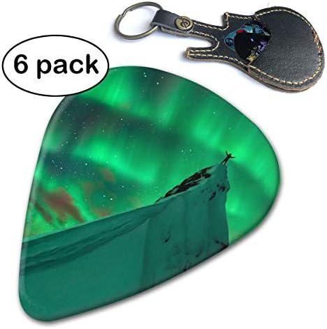 WB - Northern Lights In Iceland 351 Shape Classic Guitar Picks (6 Pack) For Electric Guitar, Acoustic Guitar, Mandolin, And Bass. Gift Leather Pick Holder Keychain (0.46mm, 0.71mm, 0.96mm)