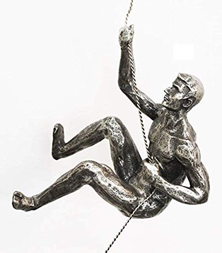 1x Antique Silver Climber Sculpture - Right Arm Up Pose Handmade Climbing Man with Wire Rope Hanging Wall Art Decor Figurine