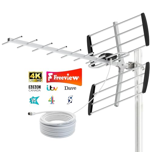 Outdoor TV Aerial for Freeview UK, Digital HDTV Aerial 4K 1080P, Strong VHF/UHF Reception, Loft & Outdoor Aerial for Smart and Older TVs, 10m Coaxial Cable, Mast Not Supplied
