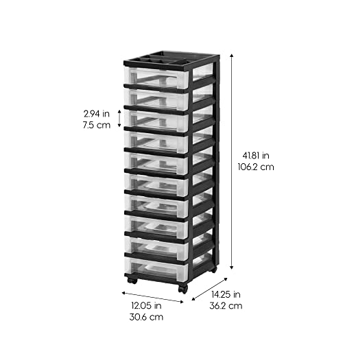 IRIS USA Organizadores de Manualidades y Almacenamiento, Carro de Almacenamiento con Ruedas para Suministros de Aula, Organizador Superior de Cajones para Piezas Pequeñas, 10 Cajones, Negro