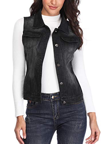MISS MOLY Women's Black Denim Vest Jean Jackets Cropped Washed Classic Vintage Western Pockets S