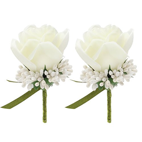 FAYBOX Flannel Open Rose Silvery Bling Ribbon Rhinestone Stretch Bracelet Wedding Prom Boutonniere Set Hand Flowerï¼ˆ2pcs Light Ivoryï¼‰