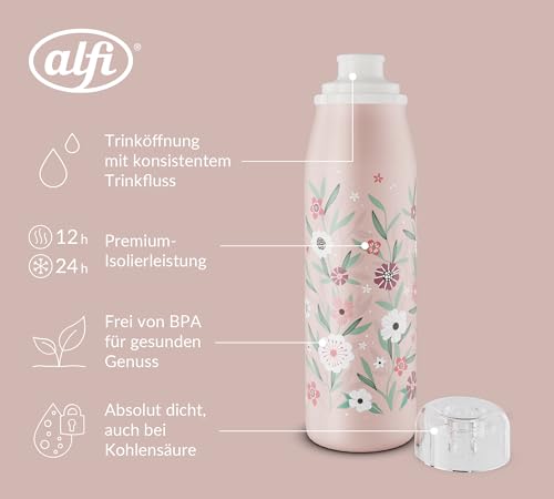 alfi Kids ISO Bottle 500 ml, Pink Pastel, Children's Insulated Drinking Bottle, Stainless Steel, Completely Leak-proof with Screw Cap, Keeps Hot for 12 Hours, Cold for 24 Hours, Drinking Bottle for Carbonated Drinks, BPA-Free