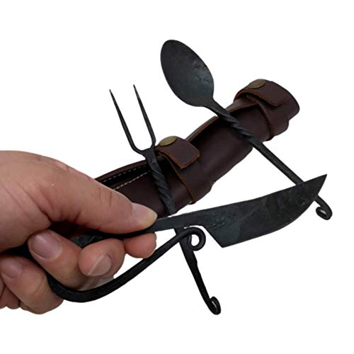 AleHorn Hand Forged Wrought Iron Viking Camping Silverware Set Cutlery with Leather Pouch Case
