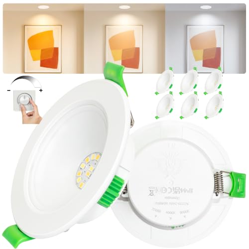 Laiebri Recessed LED Spotlight 230 V Dimmable Set of 6, 5W 650lm Ultra Flat 23 mm, 3 CCT Colour 2700K/4000K/6000K, IP44 Splatter Resistant, Hole Ø68-75 mm, for Bathroom Living Room, White