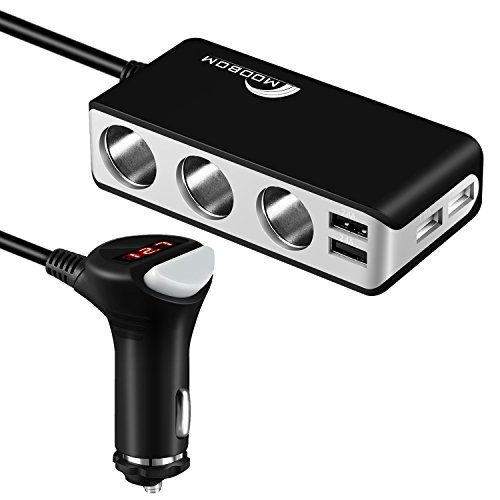 Moobom Cigarette Lighter Car Adapter 3-Socket DC Power Splitter Outlet 12V/24V 120W Car Charger with 6.8A 4 USB Charger Ports for iPhone Samsung GPS Dashcam Radar Detector Smartphones,Black