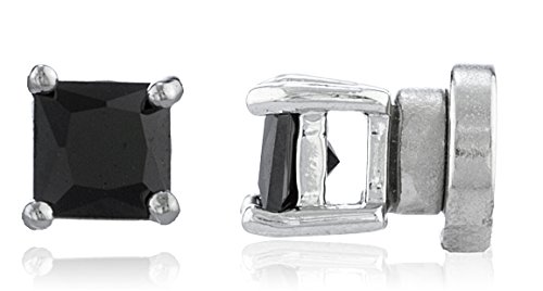 New & Improved! Silvertone with Black Cz Square Magnetic Stud Earrings - 4mm to 12mm Available (4 Millimeters) (E-1503)