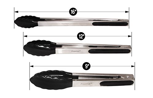 Prepology 3-piece BBQ Kitchen Tong Set with Silicone Accents and Locking Feature Black