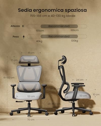 ProtoArc EC100 Ergonomic Office Chair - Desk Chair with 10cm Spring Cushion, Lumbar Support, Adjustable Arms and Headrests, Mesh Swivel Chair for Home and Office, Grey