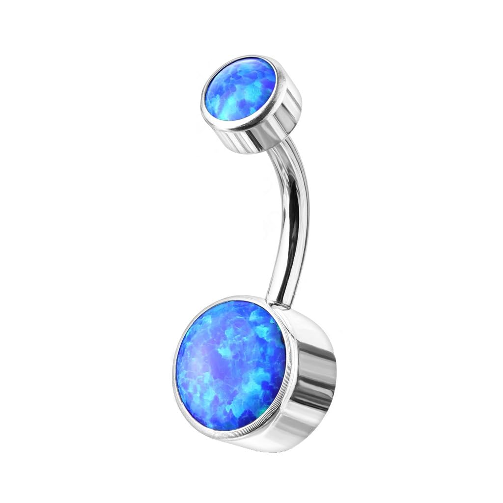 PiercedOff Titanium Belly Bar with Round Blue Synthetic Opal - Thickness 14GA (1.6mm) / Length 10mm / Top Ball Size 4mm and Lower Ball 6mm