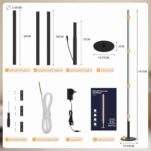 LED Stehlampe Wohnzimmer, Dimmbare Ecklampe mit Fernbedienung, Schwarz