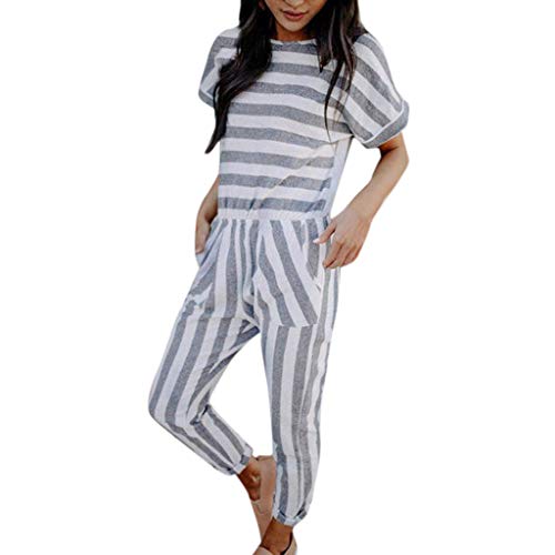 Corriee Rompers for Women Casual Summer Striped Short Sleeve O-Neck Long Jumpsuit Gray