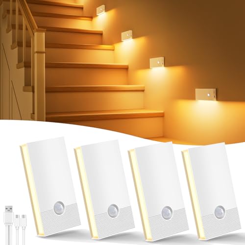 Swoieltr Night Light with Motion Sensor, 4 Pieces Rechargeable LED Night Light ON/OFF/AUTO Mode, 2700 K Warm White Light Children for Stairs Hallway Bedroom Living Room
