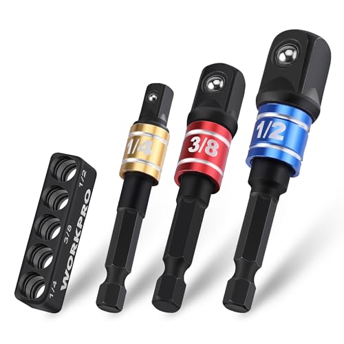 WORKPRO Socket Adapter Set 3 Pieces, Socket Adapter for Drill with 1/4 Inch Hex Shank, 1/4 Inch, 3/8 Inch and 1/2 Inch Converter, Impact Wrench Adapter and Screwdriver
