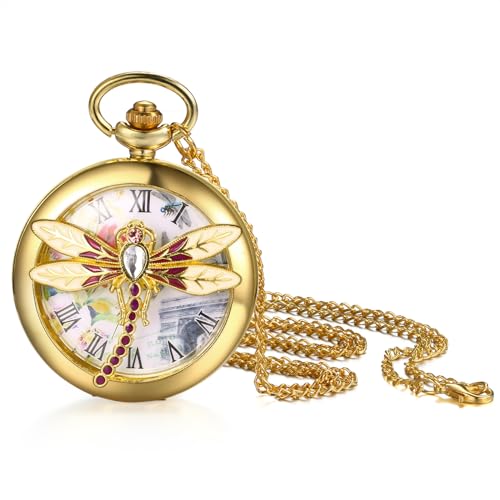 JewelryWe Quartz Dragonfly Pocket Watch: Ladies Gold Embossed Analog Roman Numerals Dial Women Fob Half Hunter Watch with Sweater Chain