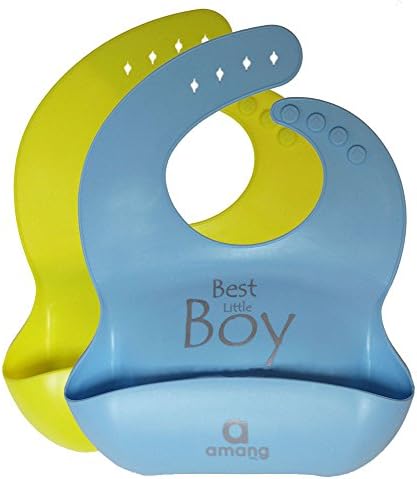 Amang Waterproof Silicone Bib Comfortable,Soft &amp; Easily Wipes Clean Baby Bibs Set of 2 Colors (Blue / Lime)